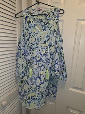 Lilly Pulitzer Blue and Lime Floral Cold-Shoulder Top